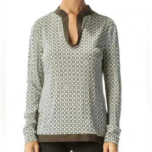 Tory Burch | Cream & Brown Print Scoop Neck Blouse, 100% Silk Shell